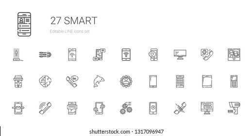 smart icons set. Collection of smart with phone, smartphone, settings, dolphin, brain, monitor, mobile phone, scanning, tablet, photo, telephone. Editable and scalable smart icons.