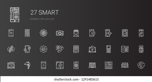 smart icons set. Collection of smart with setting, laptop, smartphone, dolphin, mobile phone, tablet, telephone, settings, brainstorming, muse. Editable and scalable smart icons.