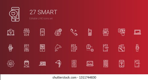 smart icons set. Collection of smart with smartphone, laptop, dolphin, muse, settings, artificial intelligence, domotics, smartwatch, cellphone. Editable and scalable smart icons.