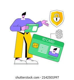 Ilustración vectorial de concepto abstracto de tarjeta de identificación inteligente. microchip de identificación, tarjeta de identificación electrónica, tarjeta inteligente, tarjeta de identificación personal, acceso inteligente, metáfora abstracta de verificación de identidad.