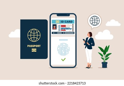 Smart ID card. Biometric documents in smartphone app. Electronic identity card. Digital passport and Driver license. Flat Vector illustration. 