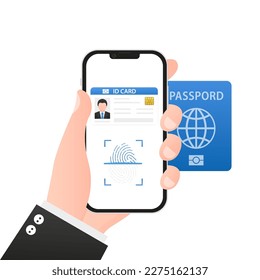 Smart ID card. Biometric documents in smartphone app. Electronic identity card. Digital passport and Driver license. Identification card. Person identification interface. Vector illustration