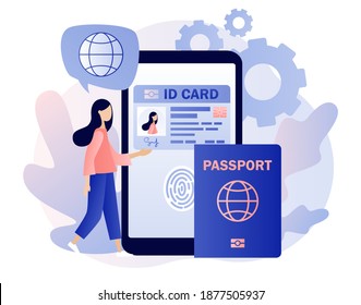 Smart ID card concept. Biometric documents in smartphone app. Digital passport and Driver license. Electronic identity card. Modern flat cartoon style. Vector illustration on white background