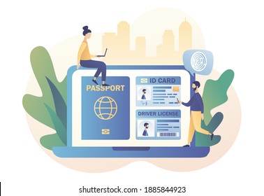 Smart ID card concept. Digital passport and Driver license. Tiny people and Biometric documents in web site. Electronic identity card. Modern flat cartoon style.Vector illustration on white background