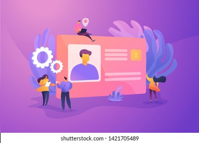 Smart ID card, electronic identity card, plastic smartcard and personal information chipcard concept. Vector isolated concept illustration with tiny people and floral elements. Hero image for website.