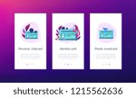 Smart ID card with photo and users. Identification microchip and electronic identity card, plastic smartcard, personal information chipcard concept, violet palette. UI UX GUI app interface template.