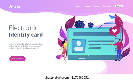 Smart ID card with photo and users. Identification microchip and electronic identity card, plastic smartcard, personal information chipcard concept, violet palette. Website landing web page template.