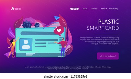 Smart ID card with photo and users. Identification microchip and electronic identity card, plastic smartcard, personal information chipcard concept, violet palette. Website landing web page template.