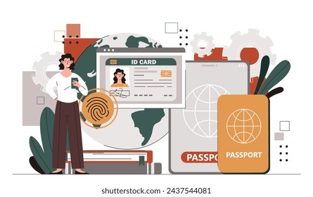 Smart ID card. Woman with fingerprint scanner. Authorization and authentication. Safety and protection of personal information. Cartoon flat vector illustration isolated on white background