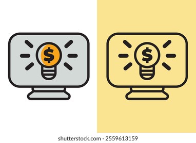 Smart Idea, Big Money  A simple yet powerful illustration depicting a computer screen displaying a lightbulb with a dollar sign inside, symbolizing a profitable idea or financial breakthrough.