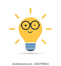 Smart Idea - Design Concept with Shining Bright Smiling Nerd Orange Lightbulb Emoji Wearing Round Glasses - Vector Design Isolated on White Background