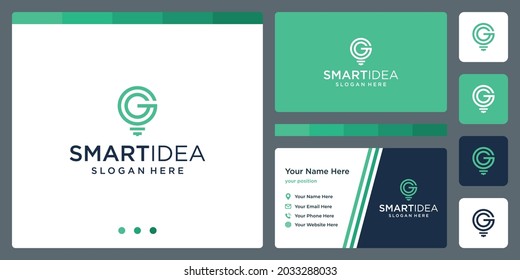 smart idea with shape lamp bulb and initials letter G. business card design template. vector premium
