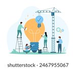 Smart improvement of business project, success upgrade skills and solutions. Tiny people check progress and quality of idea, repair light bulb with construction crane cartoon vector illustration