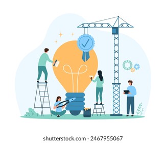 Smart improvement of business project, success upgrade skills and solutions. Tiny people check progress and quality of idea, repair light bulb with construction crane cartoon vector illustration