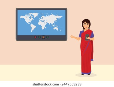 Smart Indian teacher in front of digital classroom with tablate.
