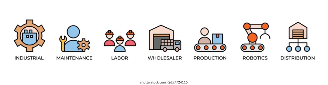Iconos inteligentes del ecosistema de Industrial establecen el color de la Ilustración vectorial con Industrial, mantenimiento, mano de obra, mayorista, producción, robótica, distribución