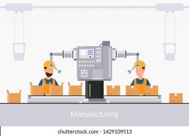 smart industrial factory in a flat style with workers, robots and assembly line packing. Vector and illustration of manufacturing building