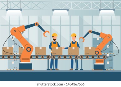 smart industrial factory in a flat style with workers, robots and assembly line packing. Vector and illustration of manufacturing building