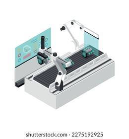 Smart industrial robots controlling product on assembly line 3d isometric vector illustration