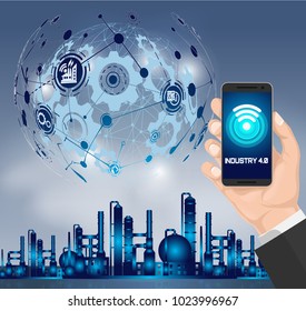 Smart industry 4.0, automation and user interface concept: user connecting with a tablet and exchanging data with a cyber-physical system.