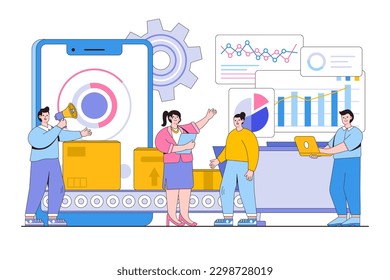 Smart industry 4.0, automation and user interface concept. Group people connecting with tablet and sharing data with cyber-physical system. Outline design minimal vector illustration for landing page.