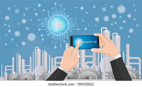 Smart industry 4.0, automation and user interface concept: user connecting with a tablet and exchanging data with a cyber-physical system.