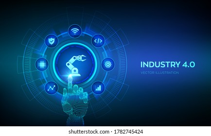 Smart Industry 4.0 concept. Factory automation. Autonomous industrial technology. Industrial revolutions steps. Robotic hand touching digital interface. Vector illustration.