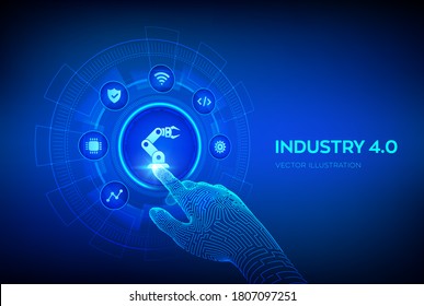 Smart Industry 4.0 concept. Factory automation. Autonomous industrial technology. Industrial revolutions steps. Robotic hand touching digital interface. Vector illustration.