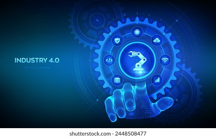 Smart Industry 4.0 concept. Factory automation. Autonomous industrial technology. Industrial revolutions steps. Wireframe hand touching digital interface with connected gears cogs and icons. Vector.