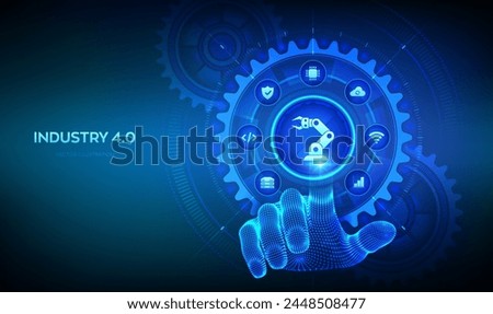 Smart Industry 4.0 concept. Factory automation. Autonomous industrial technology. Industrial revolutions steps. Wireframe hand touching digital interface with connected gears cogs and icons. Vector.