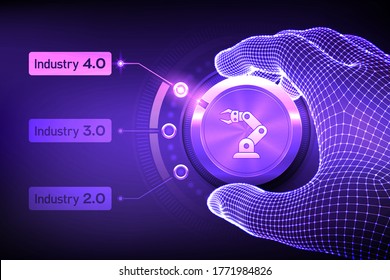 Smart Industry 4.0 concept. Industrial revolutions steps. Wireframe hand turning a knob and selecting industry 4.0 mode. Factory automation. Autonomous industrial technology. Vector illustration.