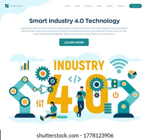 Smart Industry 4.0 concept. Industrial revolution step. Factory automation. Autonomous industrial technology. Colourful flat style vector illustration with characters and icons.