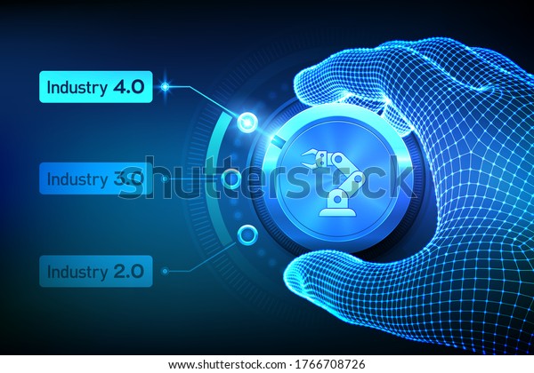 Smart Industry 4.0 concept. Industrial revolutions steps. Wireframe hand turning a knob and selecting industry 4.0 mode. Factory automation. Autonomous industrial technology. Vector illustration.