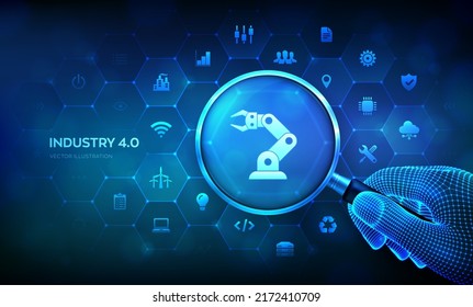 Smart Industry 4.0 Konzept mit Lupe in Wireframe Hand und Symbole. Fabrikautomatisierung. Autonome Industrietechnologie. Fantastisches Glas und industrielle Infografik. Vektorgrafik.