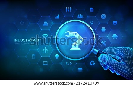 Smart Industry 4.0 concept with magnifier in wireframe hand and icons. Factory automation. Autonomous industrial technology. Magnifying glass and Industrial infographic. Vector illustration.