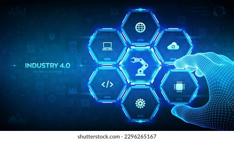 Intelligente Industrie 4.0. Fabrikautomatisierung. Autonome Industrietechnologie. Industrielle Revolutionen. Wireframe Hand legt ein Element in eine Komposition, die Smart Industry visualisiert. Vektorgrafik.