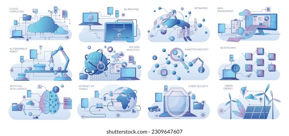 Smart industry 4.0 flat set with blockchain metaverse 3d printing artificial intelligence cloud computing isolated vector illustration