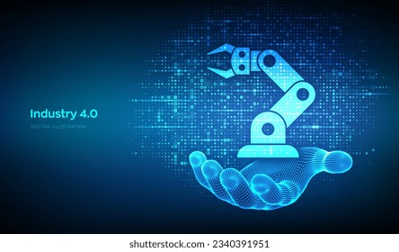 Smart Industry 4.0 icon made with binary code in wireframe hand. Factory automation. Autonomous industrial technology. Industrial revolutions steps. Matrix background with digits 1.0. Vector.