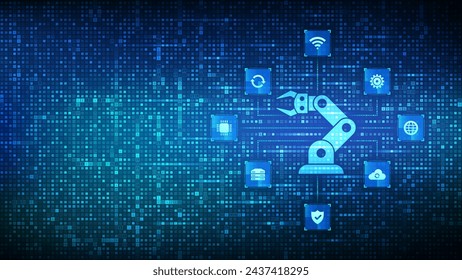 Smart Industry 4.0 icon made with binary code. Factory automation. Autonomous industrial technology icons connections. Industrial revolutions steps. Binary code background with digits 1.0. Vector.