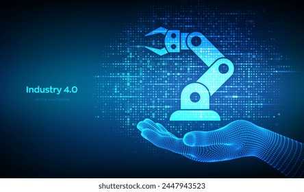 Smart Industry 4.0-Symbol mit binärem Code in der Drahtgitterhand. Fabrikautomation. Autonome industrielle Technologie. In: Industrie und Gewerbe Revolutions Steps. Matrixhintergrund mit Ziffern 1.0. Vektorgrafik.