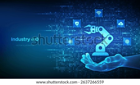 Smart Industry 4.0 icon made with binary code in hand. Factory automation. Autonomous industrial tech icons connections. Industrial revolutions steps. Binary code background with digits 1.0. Vector.