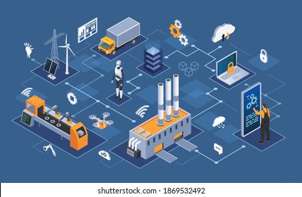 Smart industry 4.0 Industrial internet of things, innovative manufacturing and smart industry. Automation and user interface, connecting with tablet and exchanging data with cyber physical iot system svg