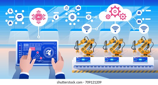 Smart industry 4.0 infographic. Man connecting with a factory using tablet and exchanging data with a neural network. Artificial intelligence. Vector illustration.