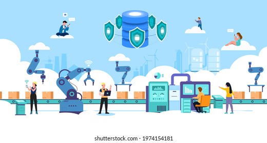 Smart industry 4.0 Internet of things technology Cloud Computing, Efficient smart factory with workers and robots. vector illustration 