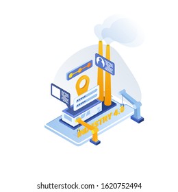 Smart industry 4.0 isometric illustration. Internet of things technology. Efficient smart factory with workers and robots. User connecting with a tablet and sharing data with a cyber physical system.