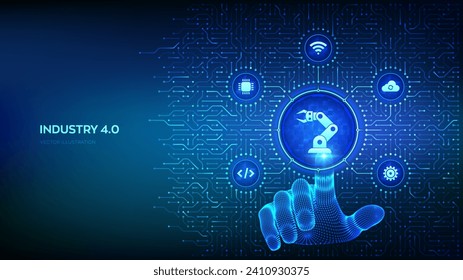 Smart Industry 4.0. Robotic arm. Factory automation. Autonomous industrial technology. Background with circuit board connections and Industry icons. Wireframe hand pressing button. Vector Illustration