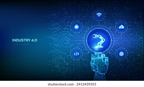 Smart Industry 4.0. Robotic arm. Factory automation. Autonomous industrial technology. Background with circuit board connections and Industry icons. Wireframe hand pressing button. Vector Illustration