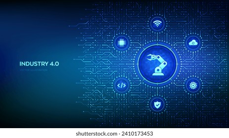 Smart Industry 4.0. Robotic hand. Factory automation. Autonomous industrial technology. Industrial revolutions steps. Background with circuit board connections and Industry icons. Vector Illustration.