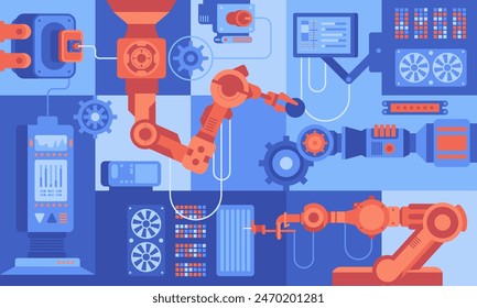 Smart industry 4.0 Robotics Industry automation, industrial IOT, innovative production process Engineering Facility Robot Arm Moving at Different Directions. High Tech Industrial vector infographic