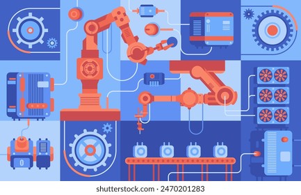 Industria inteligente 4.0 Automatización de la industria de la robótica, IOT industrial, proceso de producción innovador Instalación de ingeniería Brazo robot que se mueve en diferentes direcciones. Infografía de Vector de Industrial de alta tecnología